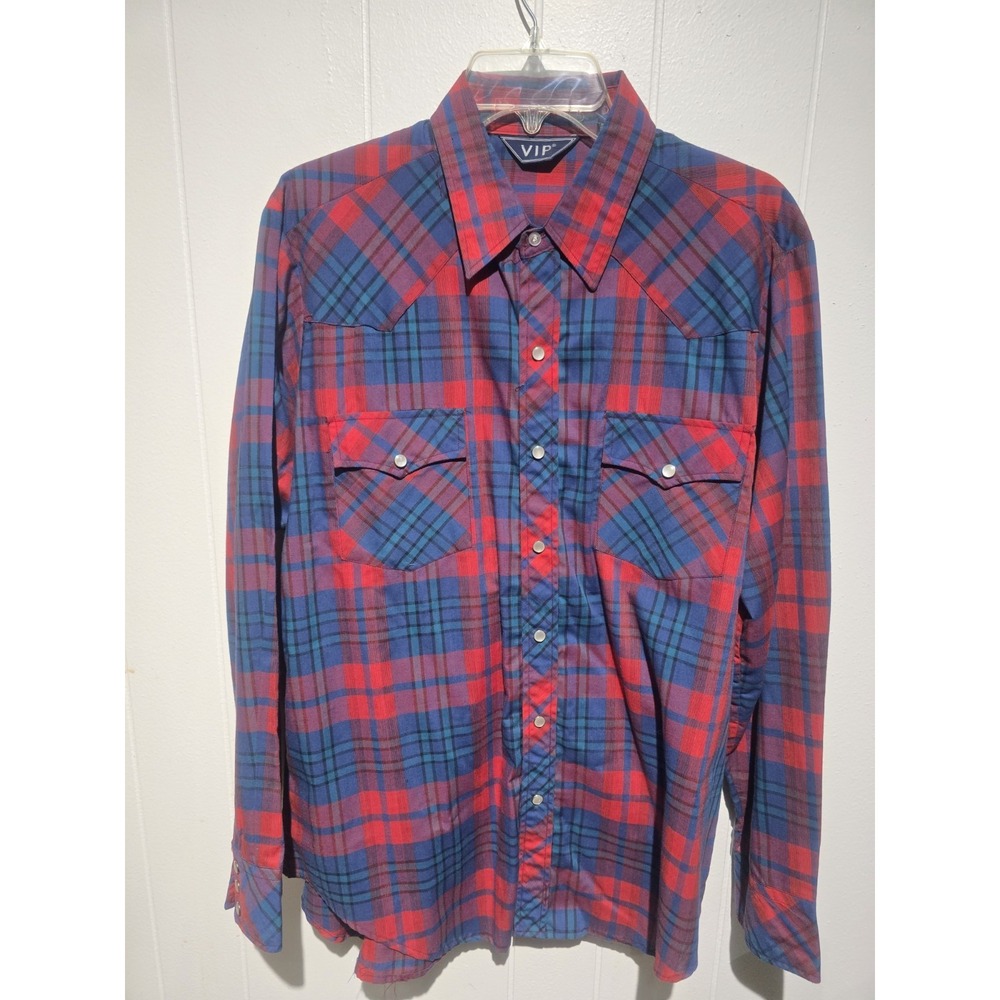 VIP Plaid VTG Western Pearl Snap Cowboy  shirt Plaid Ranchwear Men Lg